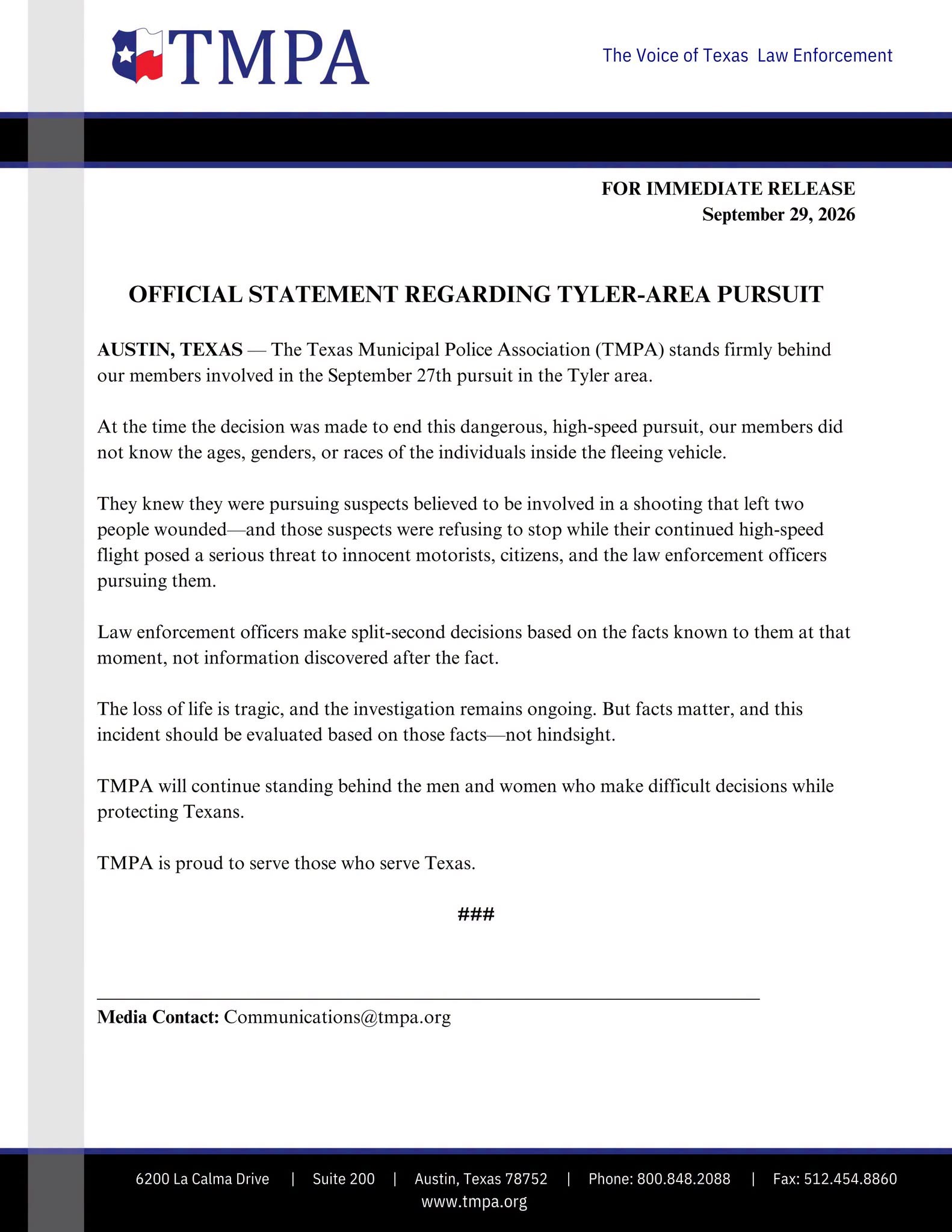 Comunicado de TMPA sobre la persecución ocurrida en el área de Tyler